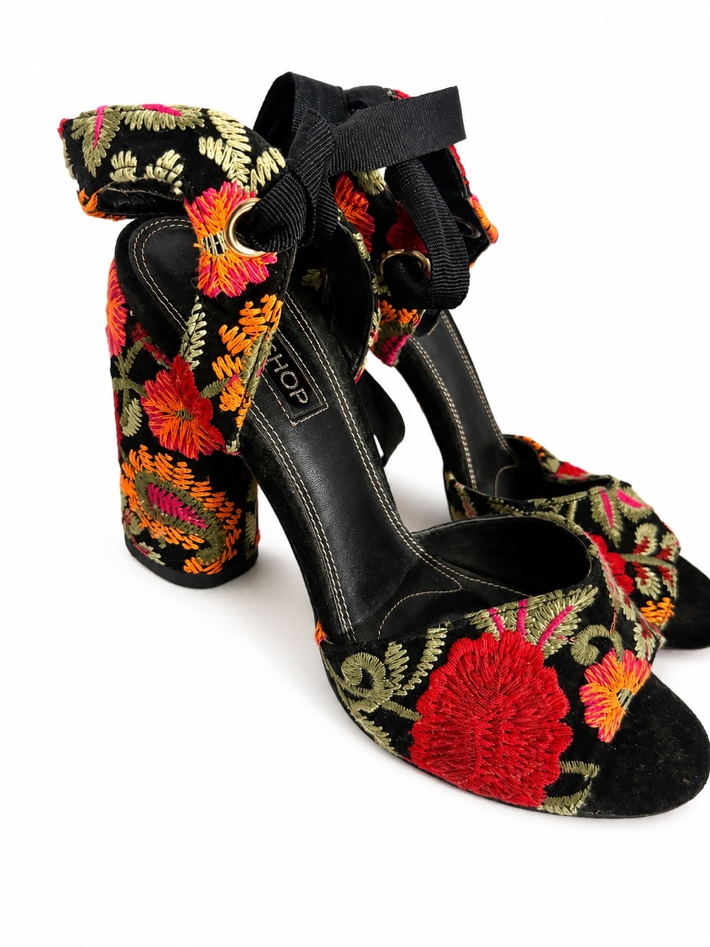 Topshop Black Floral Embroidered Block Heel Sandals